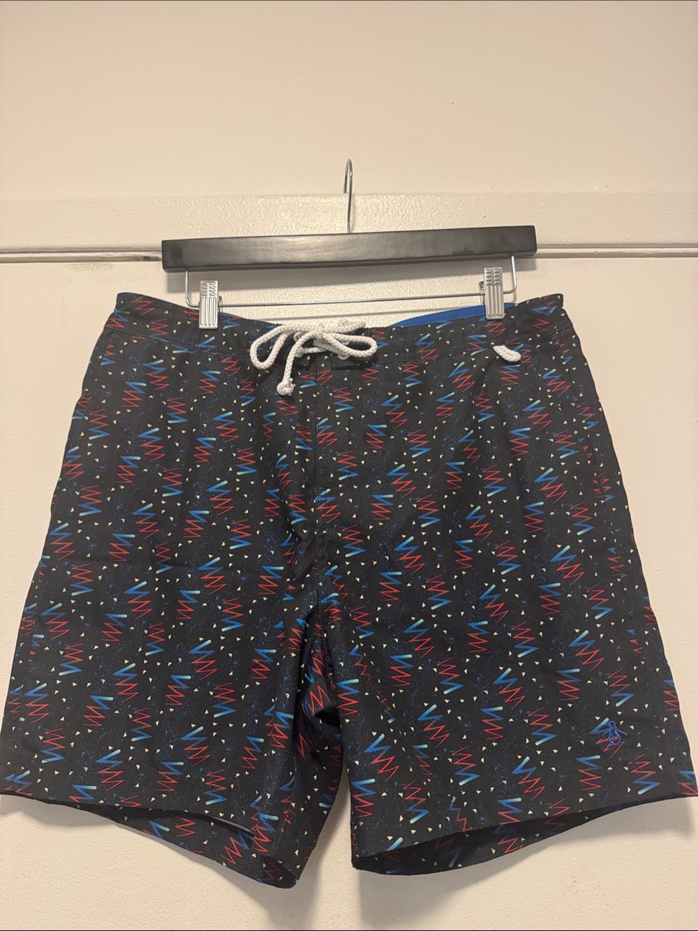 Men's Black Swim Trunks with Red & Blue Zigzag Pattern Size: 34